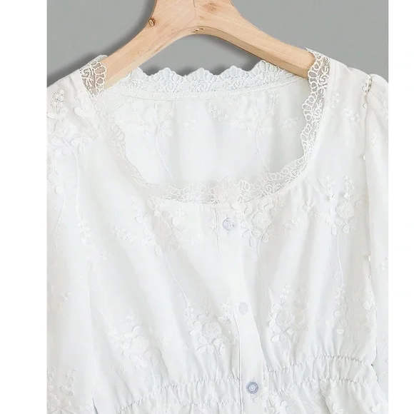 Boho White Semi Sheer Lace Button Down Embroidered Floral Top - Picture 4 of 9